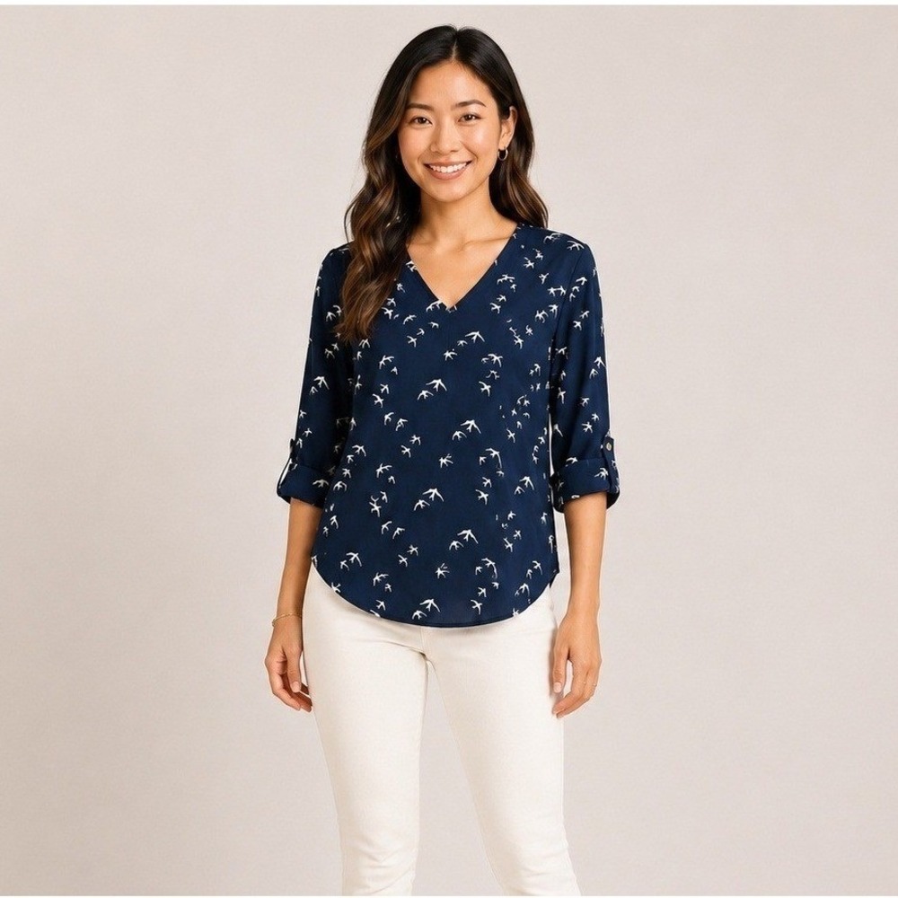 Gap Blouse Womens XS Navy Blue Bird Print V-Neck Roll Tab Sleeve Casual Top